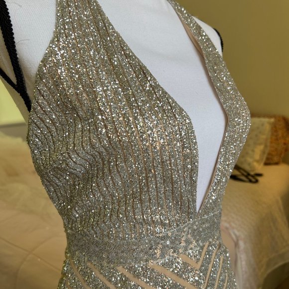 House of Jade Sky Sequin Party, Cocktail, Prom Dress with Feather Detail - Picture 3 of 12